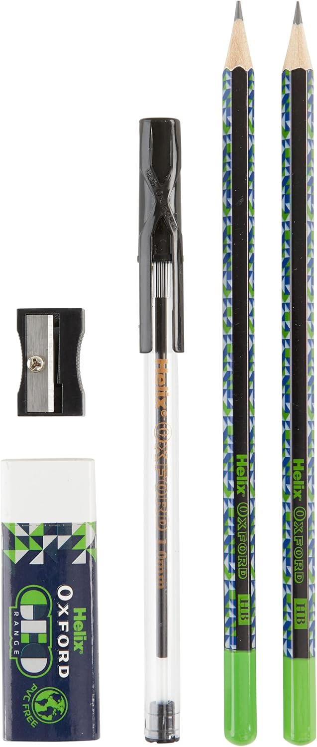 Oxford Helix Oxford Geo Student Set in blue and green with geometric tools and stationery for school use.
