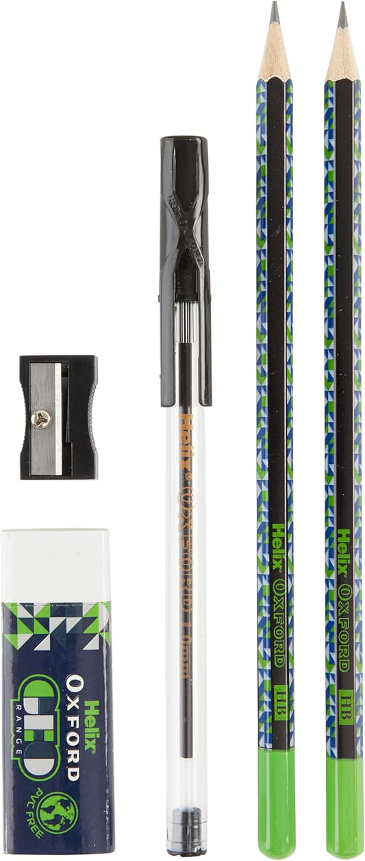 Oxford Helix Oxford Geo Student Set in blue and green with geometric tools and stationery for school use.