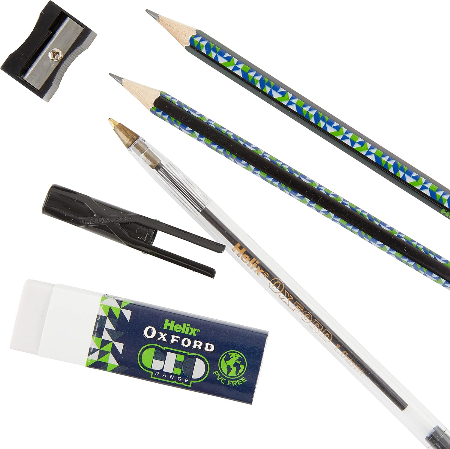 Oxford Helix Oxford Geo student set with blue and green pens, pencils, and tools for school use, laid out on a white background.