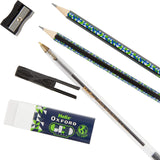Oxford Helix Oxford Geo student set with blue and green pens, pencils, and tools for school use, laid out on a white background.