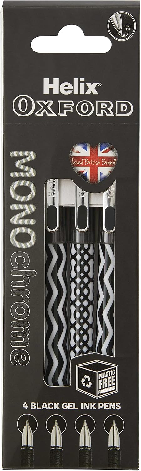 Set of four Oxford Helix Oxford Monochrome Gel Black Ink Pens with sleek black barrels and fine tips for smooth writing.