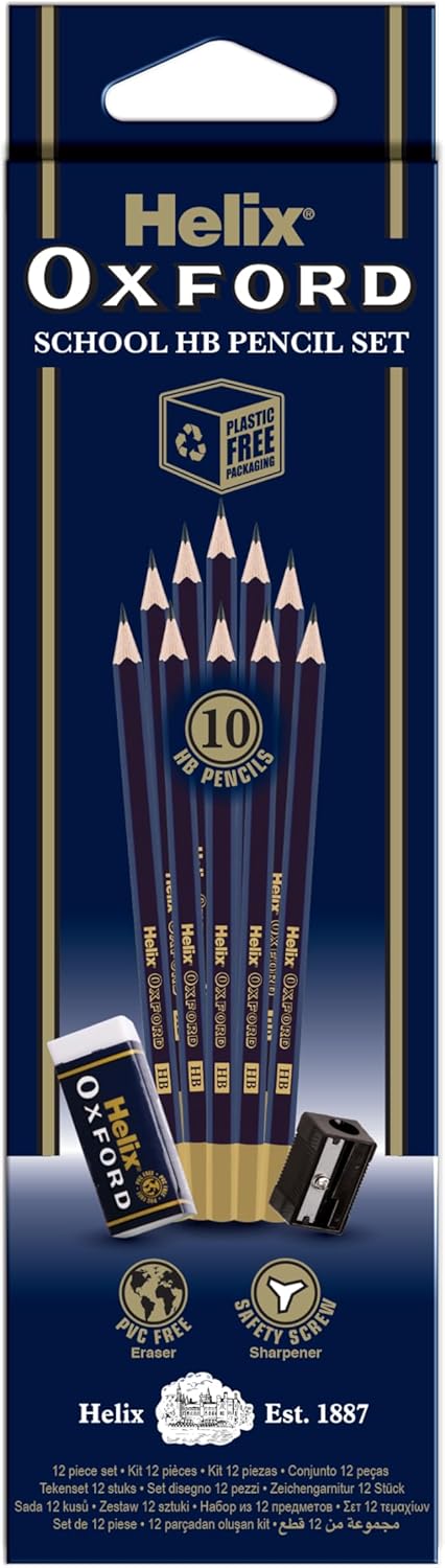 Oxford Helix Oxford X10 HB pencils with plastic sharpener and eraser, displayed on a white background