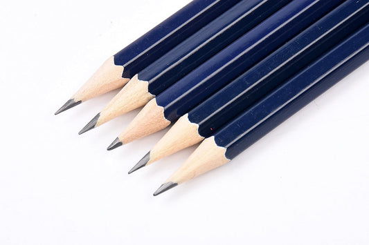 Oxford Helix Oxford X10 HB pencils with plastic sharpener and eraser, displayed in a row on a white background.