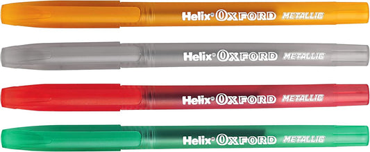 Set of four Oxford metallic pens with shiny, colorful ink barrels, perfect for writing and creative projects.