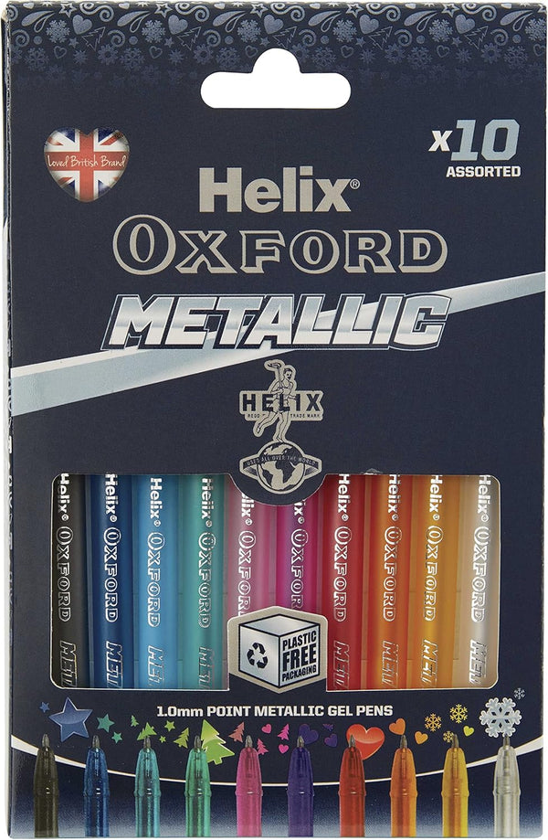 Set of 10 Oxford metallic colour pens displayed with vibrant, shiny ink colors in a clear container.