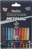 Set of 10 Oxford metallic colour pens displayed with vibrant, shiny ink colors in a clear container.