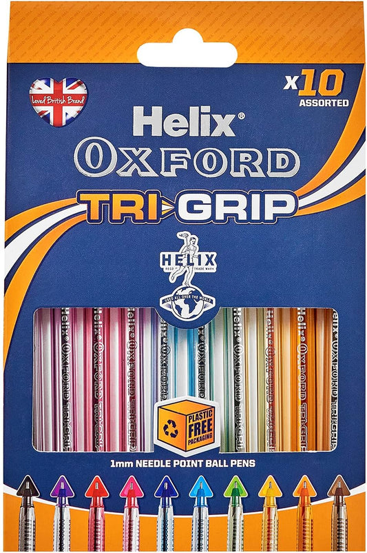Set of 10 Oxford Trigrip writing pens in assorted colors with ergonomic grip design for smooth writing.