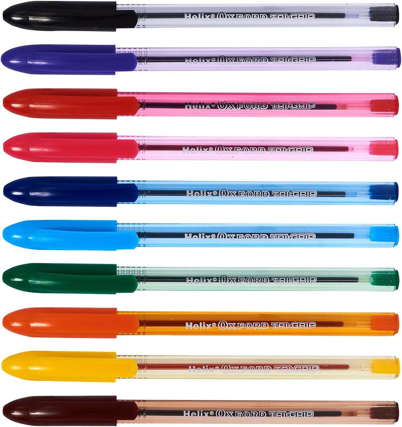 Set of 10 Oxford Trigrip writing pens in assorted colors with ergonomic grips and smooth ink flow.