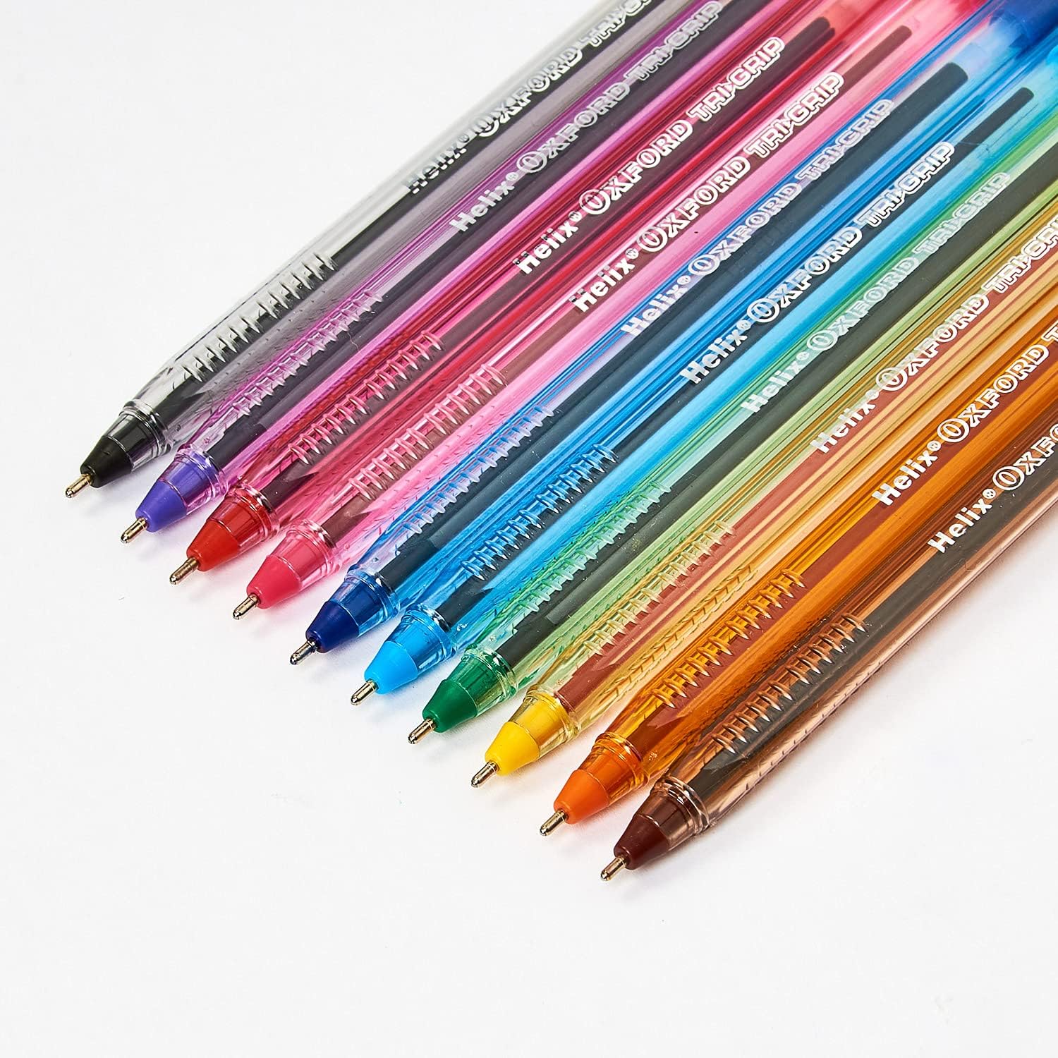 Set of 10 Oxford Writing Trigrip pens in assorted colors with ergonomic grips, ideal for comfortable writing.