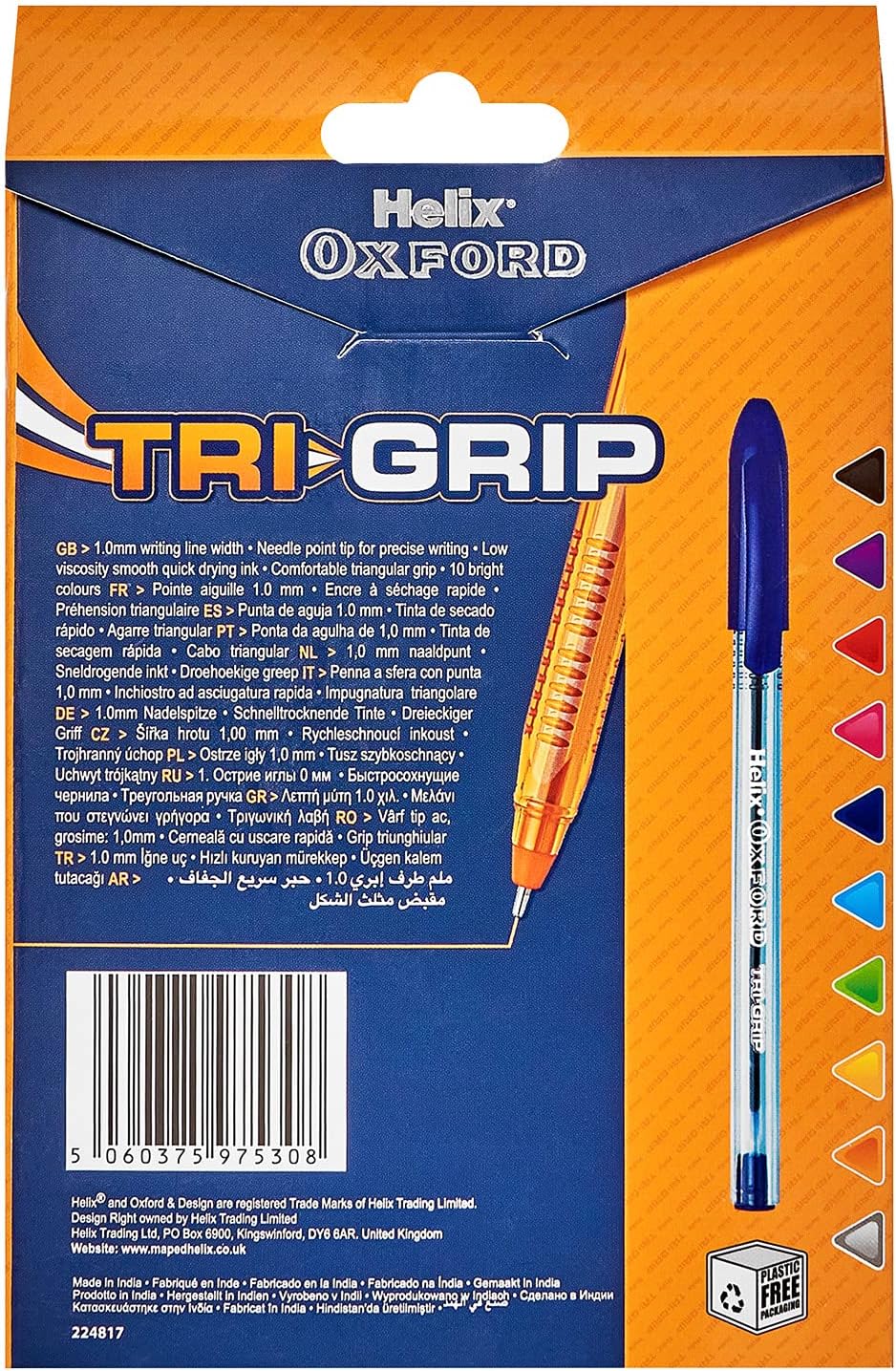 Set of 10 Oxford Trigrip writing pens in assorted colors, featuring ergonomic grip for smooth, comfortable writing.