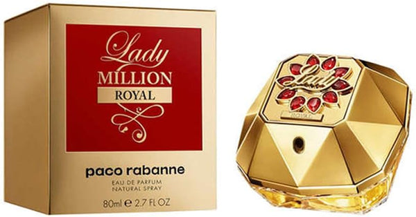 Paco Rabanne Lady Million Royal Eau de Parfum spray for women, 80ml bottle with elegant gold and red packaging.