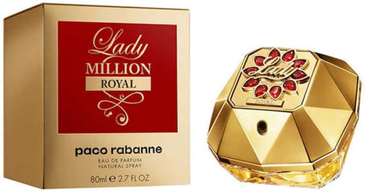 Paco Rabanne Lady Million Royal Eau de Parfum spray for women, 80ml bottle with elegant gold and red packaging.