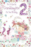 Paper Rose granddaughter 2nd birthday card featuring a fairy girl and unicorn, with colorful, whimsical design for age 2 celebration.