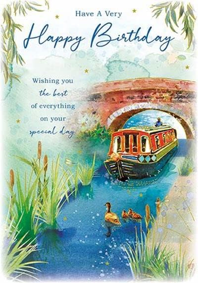 Paper Rose male birthday card featuring barges and ducks on a canal with gold foil finish, eco-friendly and recyclable design.
