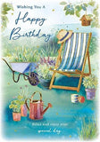Paper Rose birthday card for men featuring a deckchair in a sunny garden with gold foil finish and eco-friendly recyclable design.