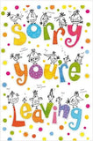Large black and white "Sorry You're Leaving" card featuring cute cartoon birds saying farewell by Paper Rose.