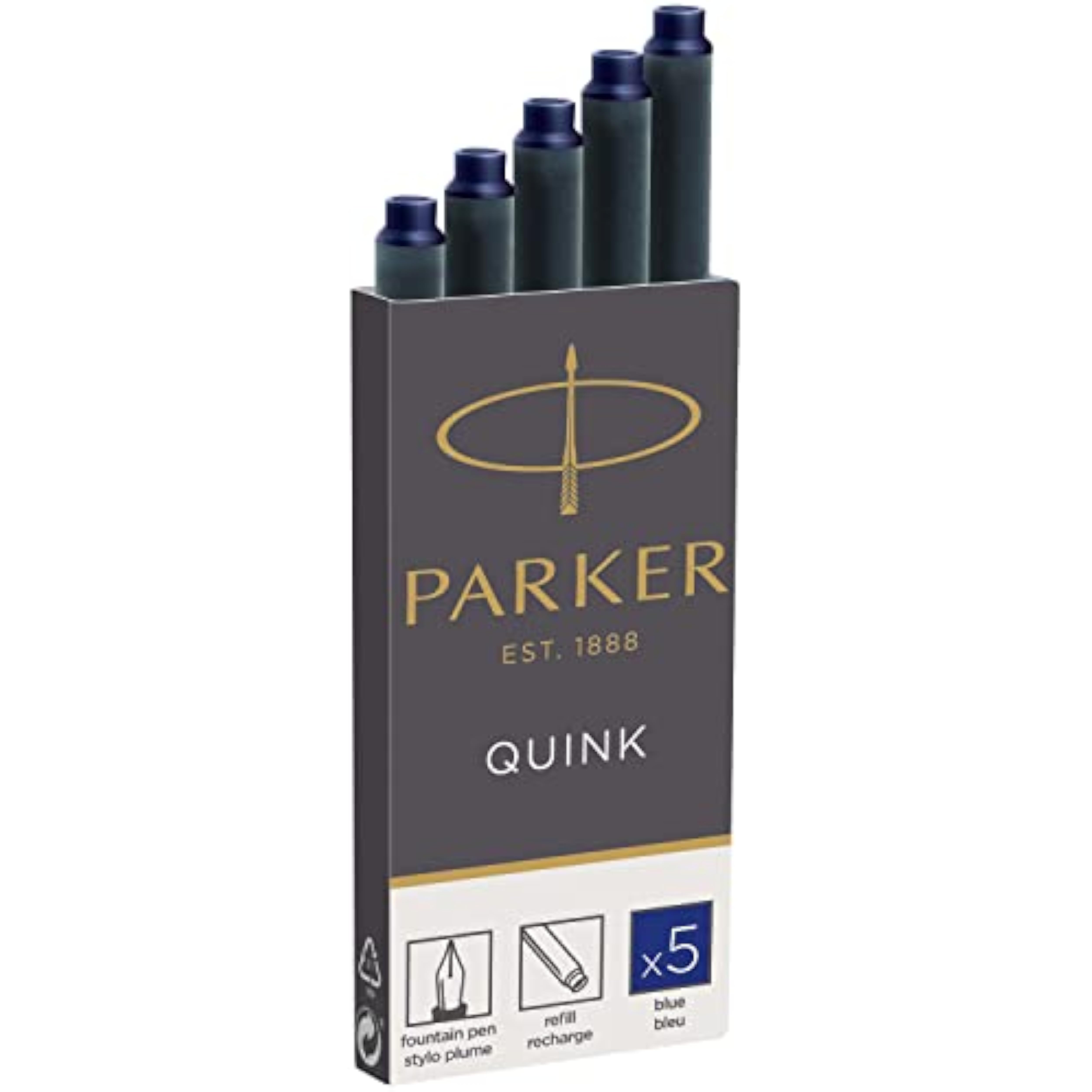Blue Parker Quink ink fountain pen refill cartridges for Parker pens, 5-pack, long-lasting ink suitable for high-quality writing.