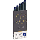 Blue Parker Quink ink fountain pen refill cartridges for Parker pens, 5-pack, long-lasting ink suitable for high-quality writing.