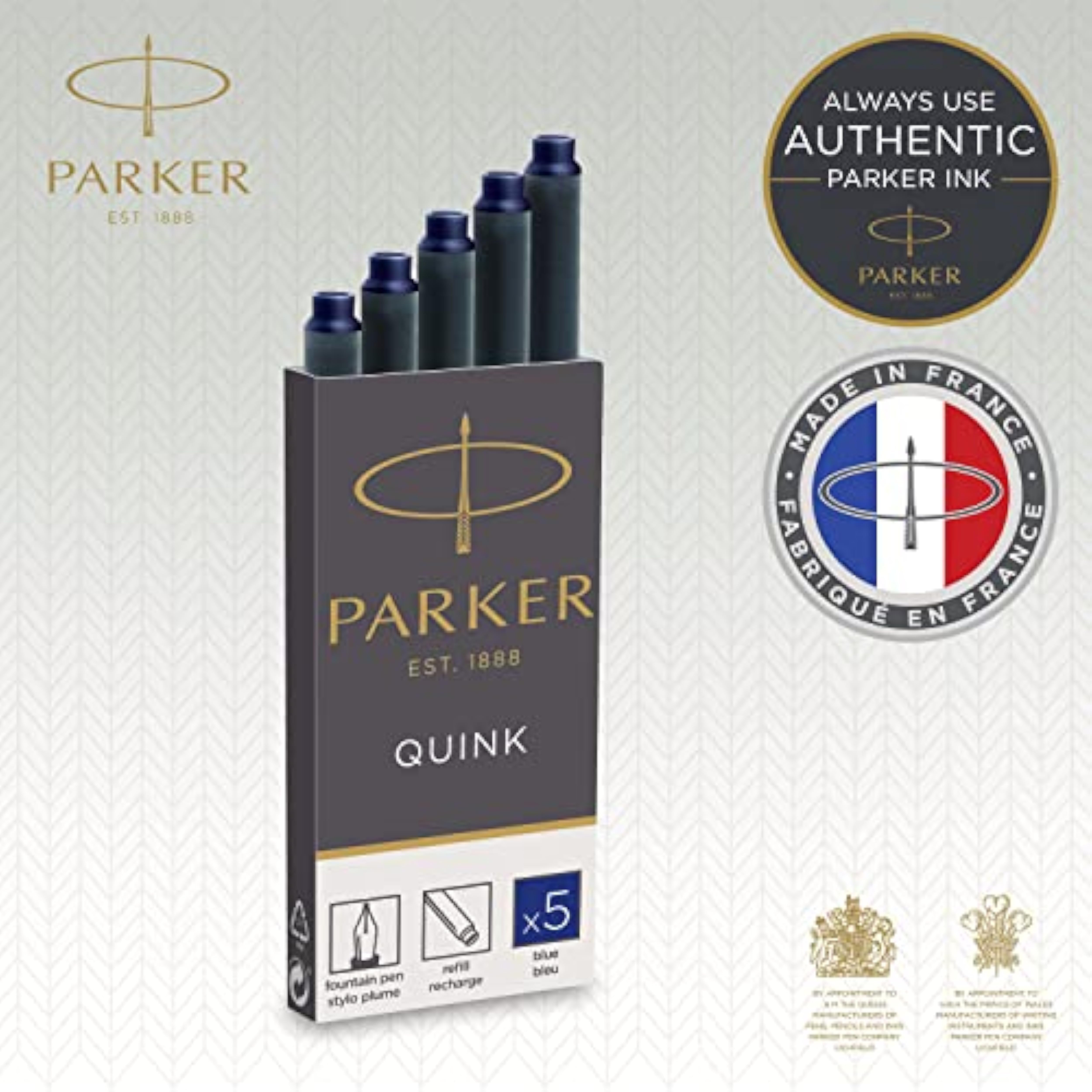 Parker fountain pen ink refill cartridges in blue ink, long size, 5-pack, designed for Parker pens, with colorful greeting card background.