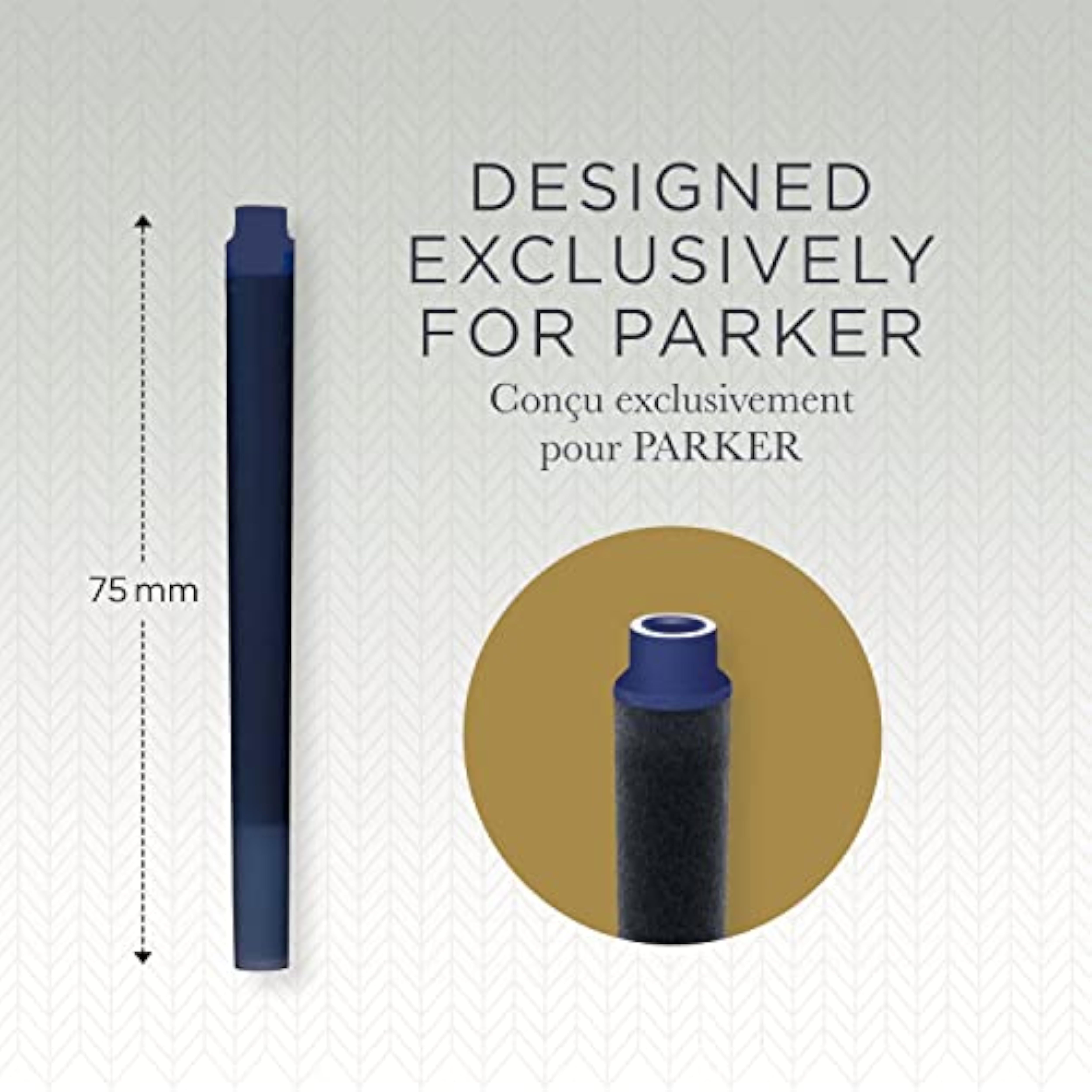 Box of five Parker blue Quink ink fountain pen refill cartridges for Parker fountain pens, shown with a greeting card.