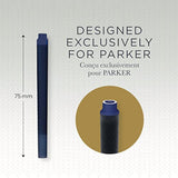Box of five Parker blue Quink ink fountain pen refill cartridges for Parker fountain pens, shown with a greeting card.