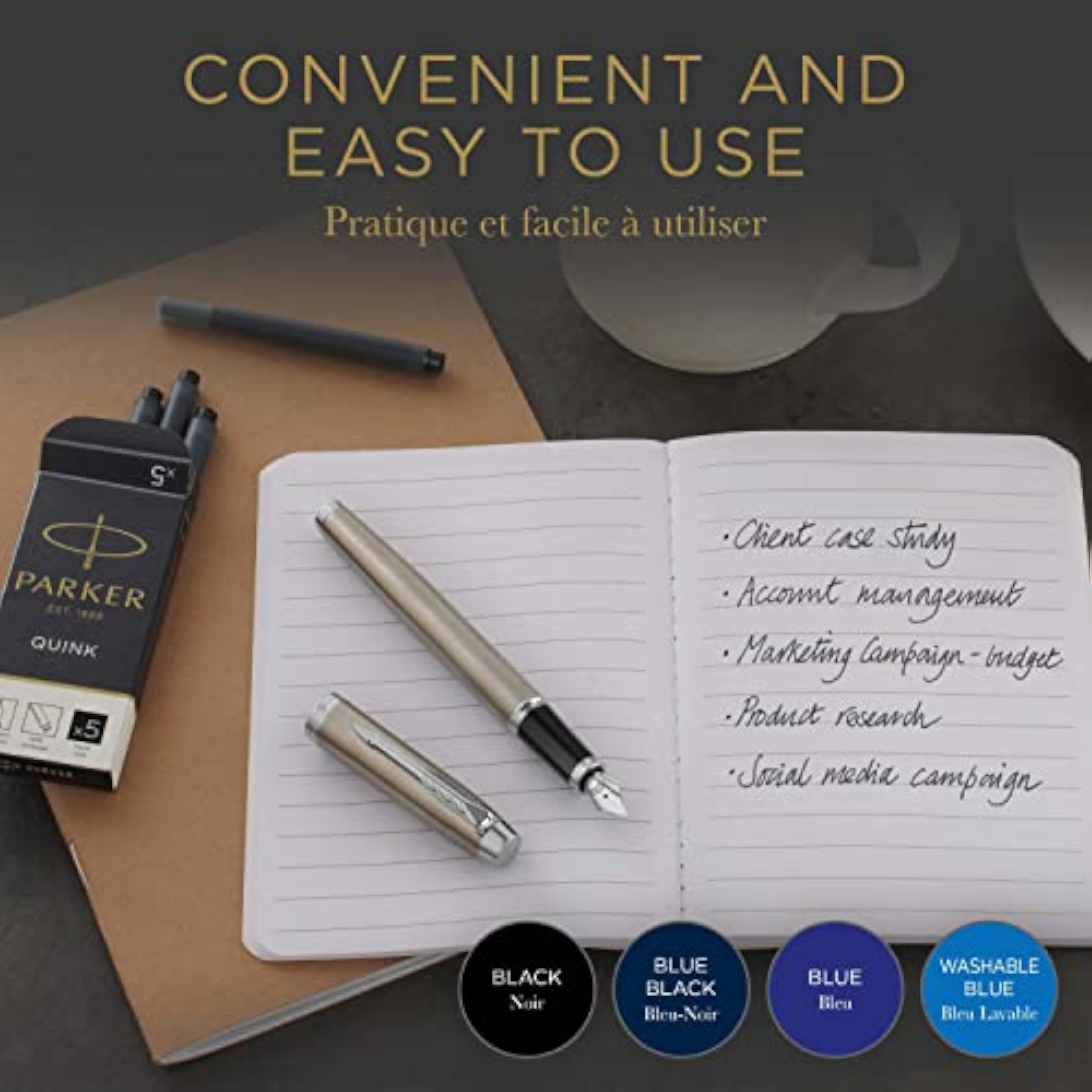Pack of five Parker QUINK blue fountain pen ink refill cartridges for Parker fountain pens.