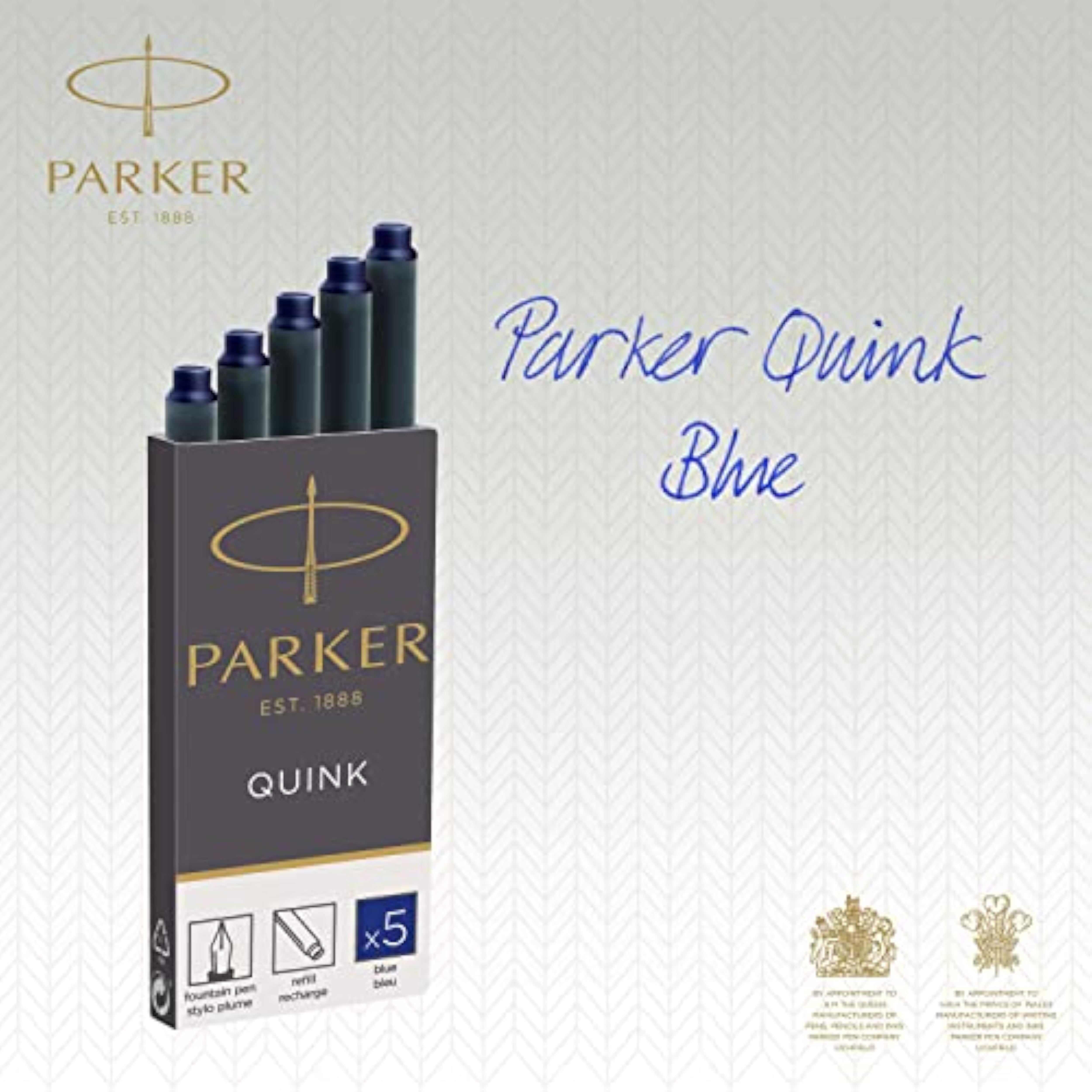 Blue Parker fountain pen ink refill cartridges for Parker pens, long-lasting QUINK ink, set of 5 cartridges.