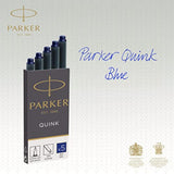 Blue Parker fountain pen ink refill cartridges for Parker pens, long-lasting QUINK ink, set of 5 cartridges.