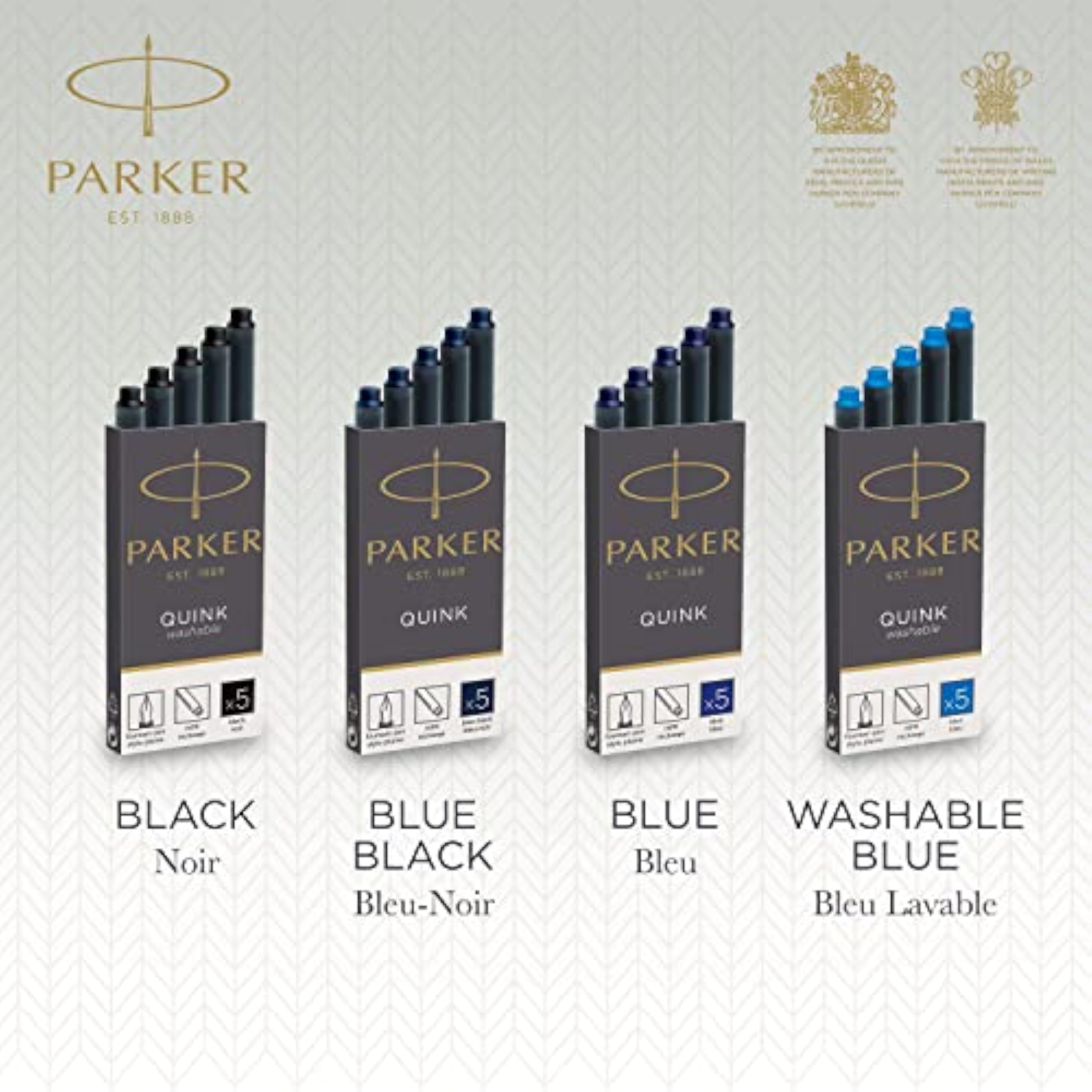 Parker fountain pen ink refill cartridges in blue Quink ink, long size, shown with a greeting card, set of 5 cartridges for writing.