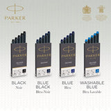 Parker fountain pen ink refill cartridges in blue Quink ink, long size, shown with a greeting card, set of 5 cartridges for writing.