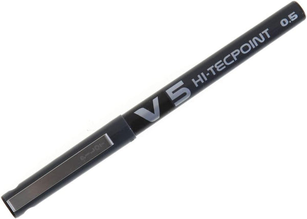 Pilot V5 Liquid Ink Rollerball pen with a 0.5mm tip in black ink, shown with the pen's sleek design and tip visible.