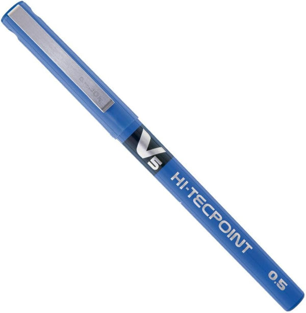 Blue Pilot V5 Liquid Ink Rollerball pen with 0.5 mm tip, shown with the pen cap and body visible.