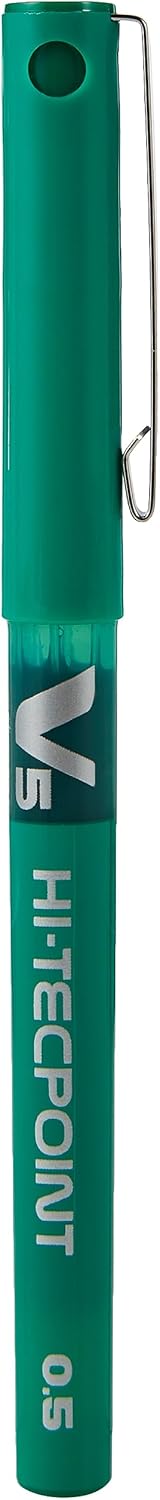 Green Pilot V5 Liquid Ink Rollerball pen with 0.5 mm tip, featuring sleek design and smooth writing ink.
