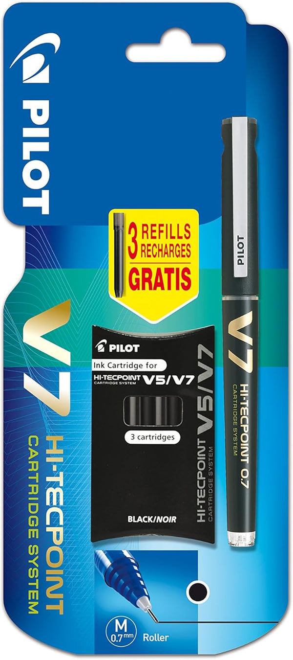 Pilot V7 Liquid Ink Rollerball pen with 0.7 mm tip in black, featuring a sleek design and smooth writing ink.