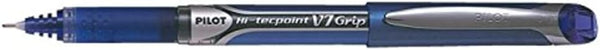 Blue Pilot V7 Liquid Ink Rollerball pen with 0.7 mm tip shown, highlighting the sleek design and ink color.
