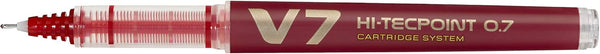 Red Pilot V7 Liquid Ink Rollerball pen with 0.7 mm tip, shown with ink visible through transparent barrel.