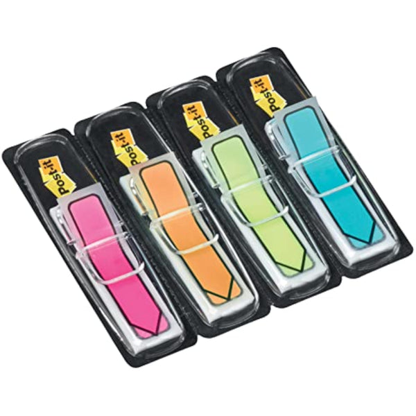 Post-it 684ARR4 index arrows in bright blue, green, pink, and yellow, 12 x 43 mm, pack of 96, repositionable for organization.