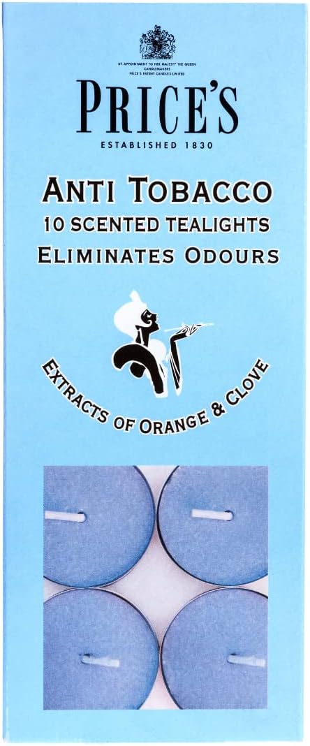 Set of 10 Price's Candle Anti Tobacco tealights with orange wax and metal holders, ideal for smoke-free ambiance.