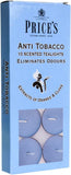 Set of 10 Price's Candle anti-tobacco tealights with unburned wax and metal holders, perfect for subtle, fragrant lighting.