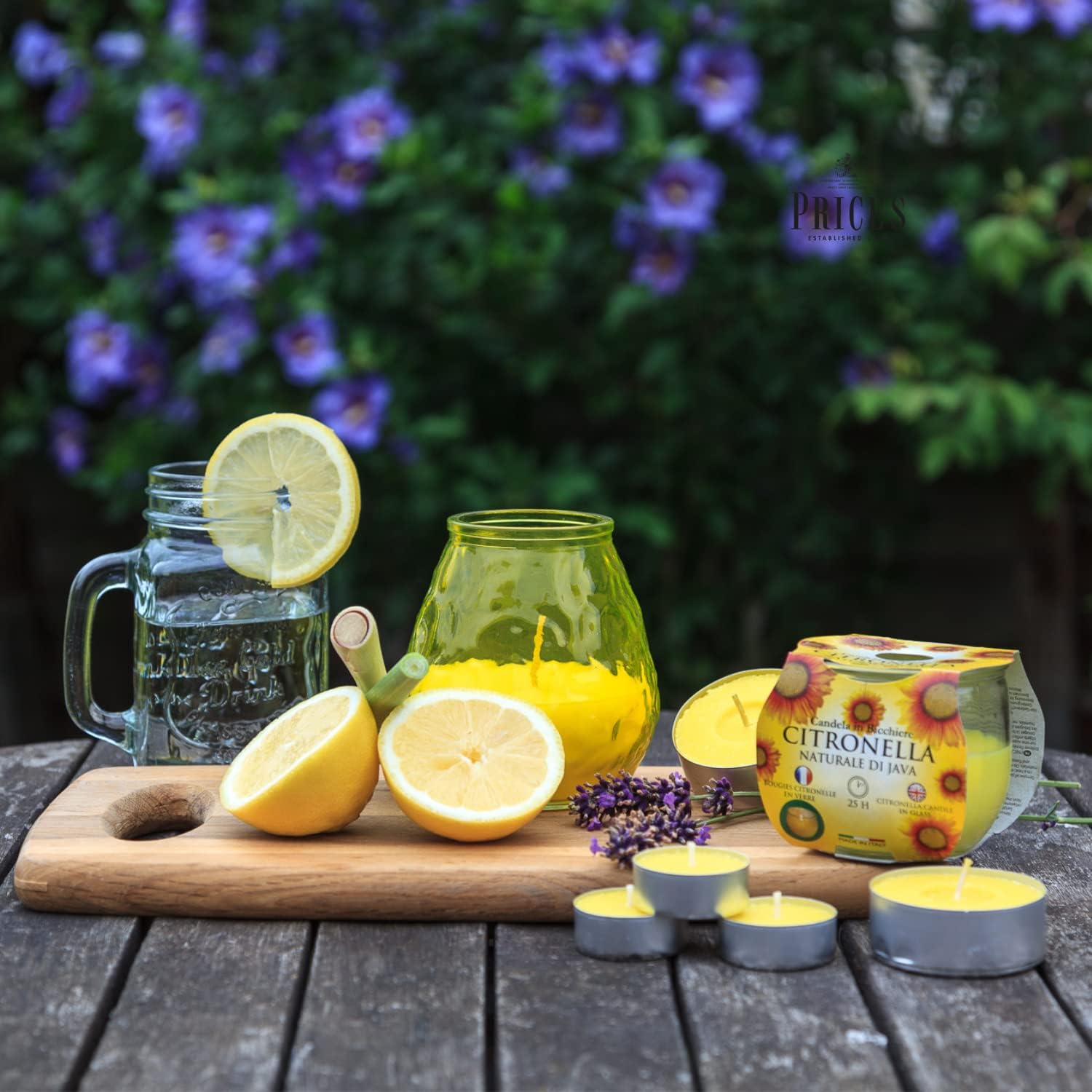 Set of 25 Price's Candle citronella tealights in small containers, ideal for outdoor insect repellent and ambient lighting.