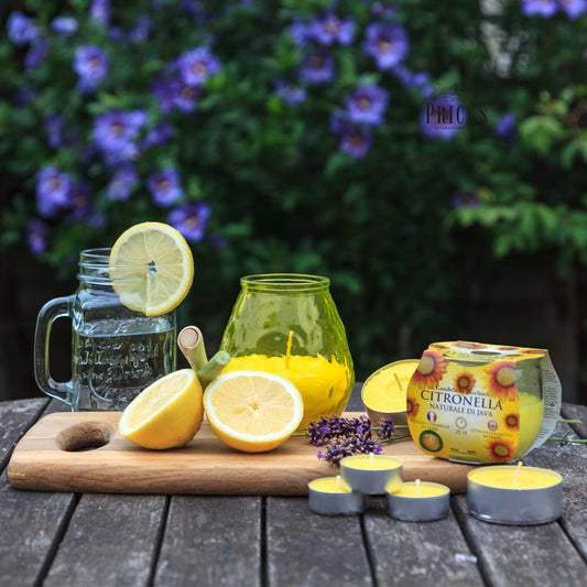 Set of 25 Price's Candle citronella tealights in small containers, ideal for outdoor insect repellent and ambient lighting.