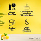 Set of 25 Price's Candle citronella tealights in aluminum cups, ideal for outdoor pest control and ambient lighting.
