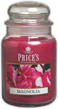 Large Magnolia scented jar candle by Price's Candle, featuring a decorative glass jar with a blooming magnolia flower design.