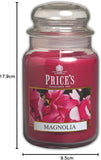 Large Magnolia scented candle jar by Price's Candle with a decorative glass container and floral label design.