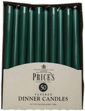 Unwrapped tapered dinner candles in evergreen color, 50-pack from Price's Candle, showing smooth, tapered wax candle sticks.