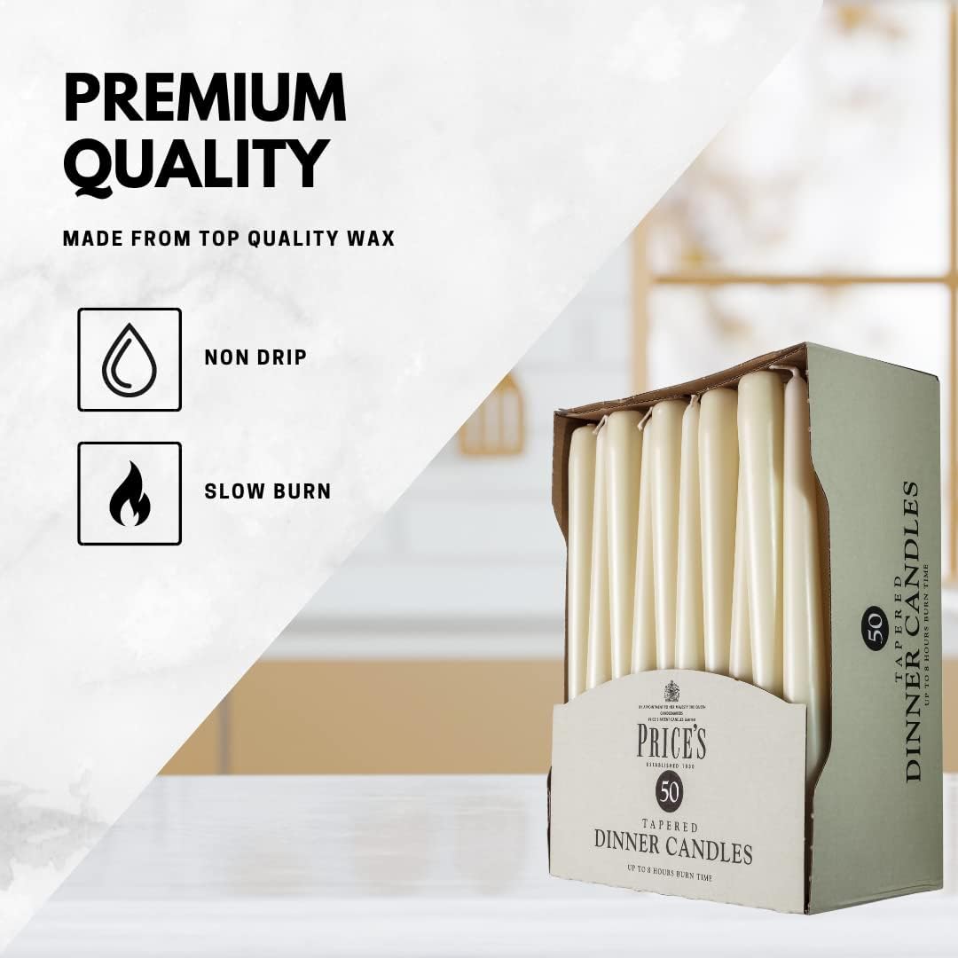 Unwrapped tapered dinner candles in an evergreen color, 50-pack from Price's Candle, shown in a close-up image.