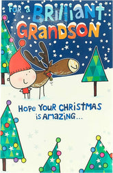 Grandson Christmas Card - Christmas Card for Boys - Cartoon Reindeer Design