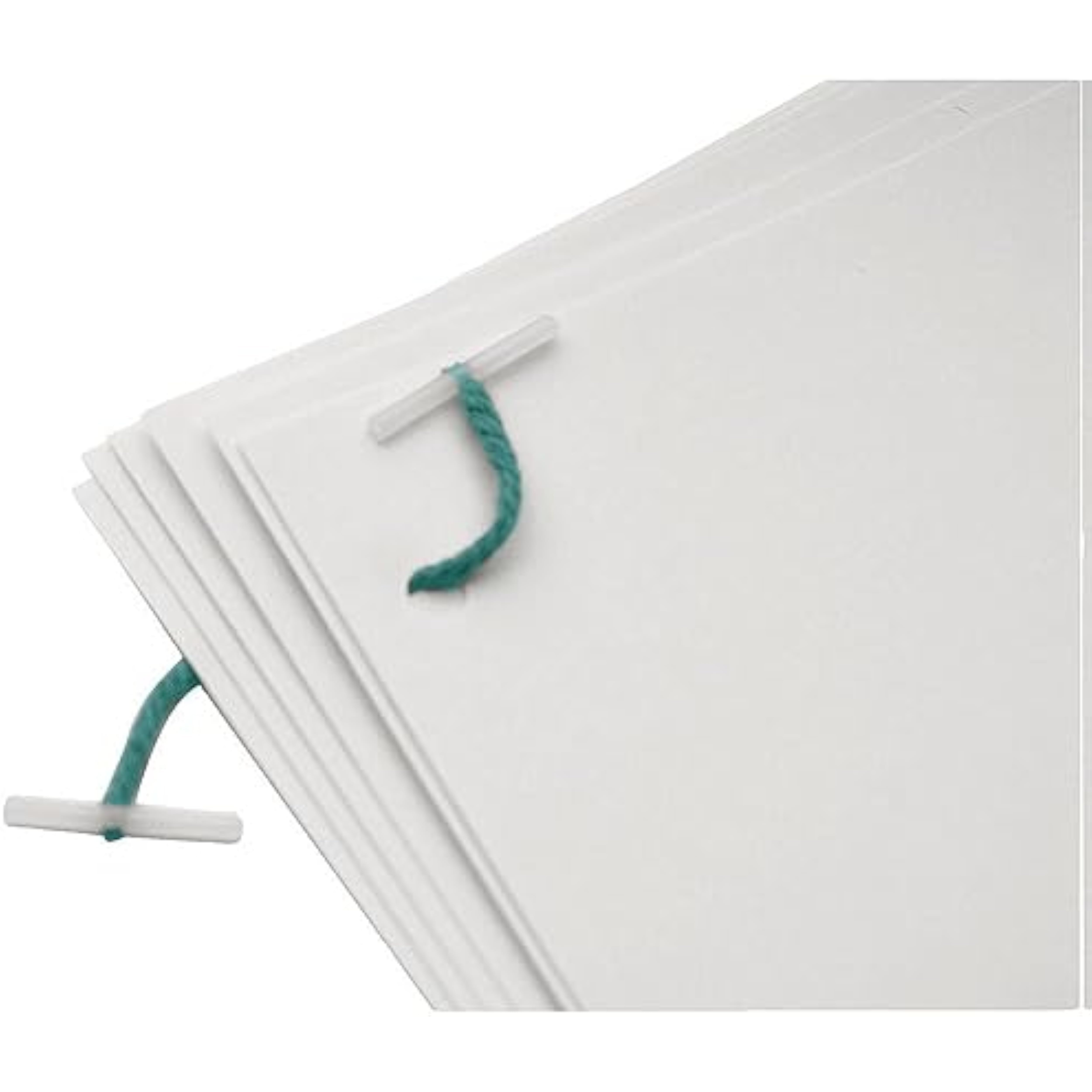 Q-Connect 51mm plastic ended treasury tags used for securing greeting cards, shown in a pack of 100 with plastic end closures.