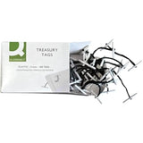 Q-Connect 51mm plastic ended treasury tags used to secure greeting cards in a pack of 100, showing the tags' plastic ends.