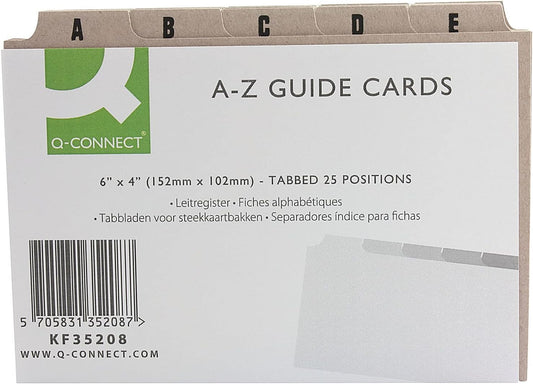 Set of 25 Q-Connect 6x4 inch buff guide cards featuring A-Z index for organized stationery and note-taking.